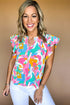 Abstract Print Notched Neck Flutter Sleeve Blouse